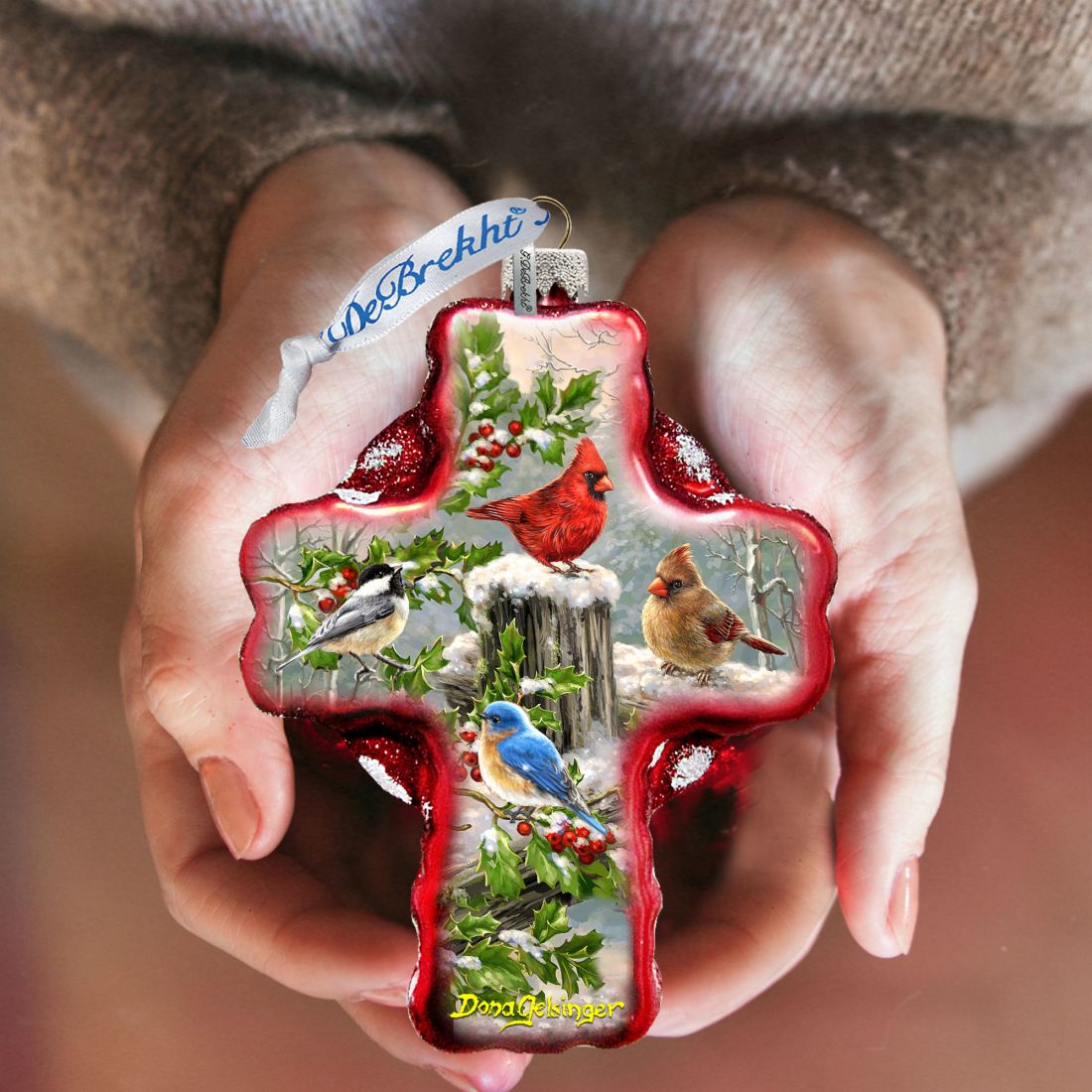 Winter Cardinals Cross Glass Ornament by D. Gelsinger - Nativity Holiday Decor - 758-010-DG-3