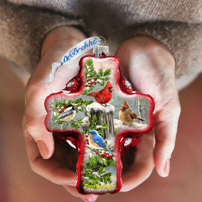 Winter Cardinals Cross Glass Ornament by D. Gelsinger - Nativity Holiday Decor - 758-010-DG-3
