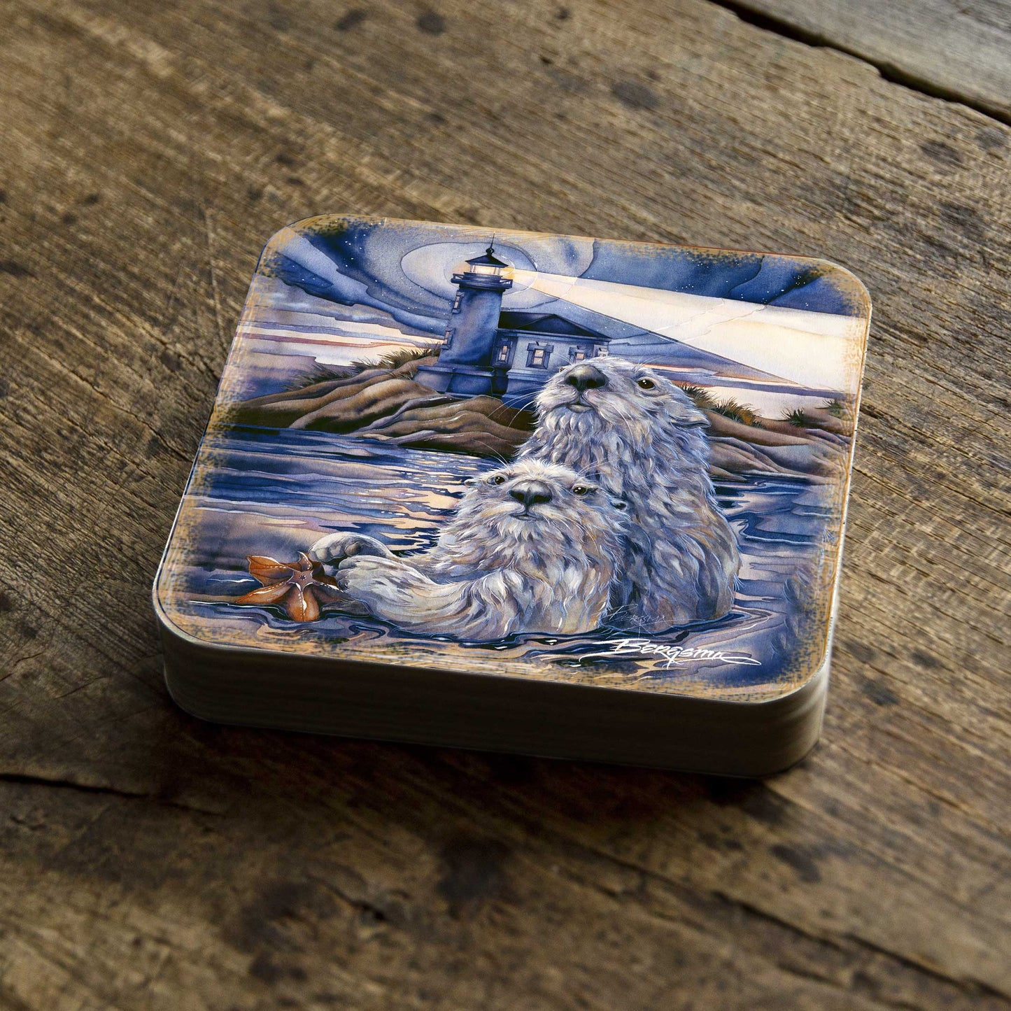 Starlight Otters Wooden Cork Coasters Gift Set of 4 by J. Bergsma - Wildlife Decor  - 8199473C-S4-2