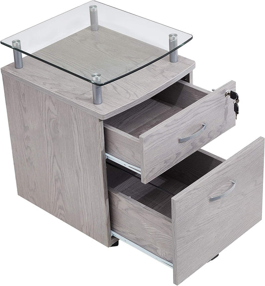 2-Drawer Rolling File Cabinet with Lock and Glass Top, under Desk File Cabinet with Wheels, Printer Stand, Grey-0