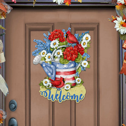 Front Door Patriotic Decoration American Watering Can Flowerpot Welcome Sign - Handmade Gift Rustic Adornment by Susan Winget - Wooden Front Porch Decor - 8471212H-SW-0