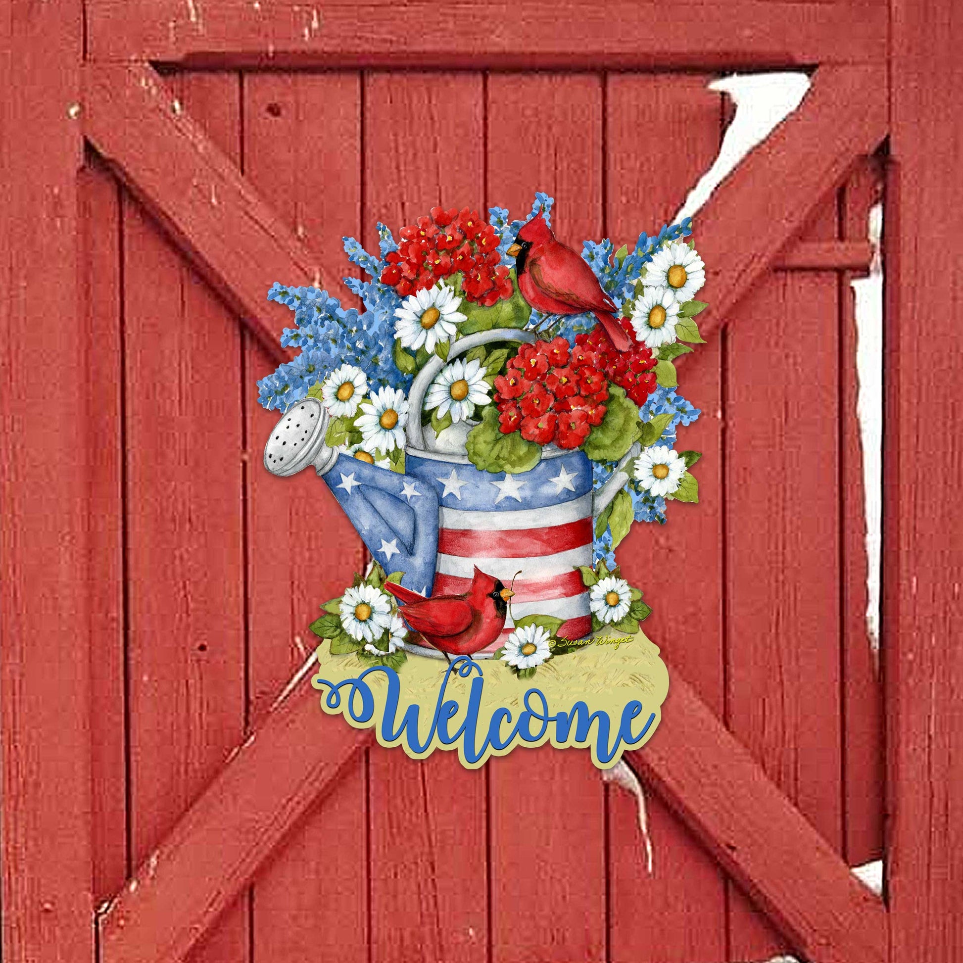 Front Door Patriotic Decoration American Watering Can Flowerpot Welcome Sign - Handmade Gift Rustic Adornment by Susan Winget - Wooden Front Porch Decor - 8471212H-SW-1