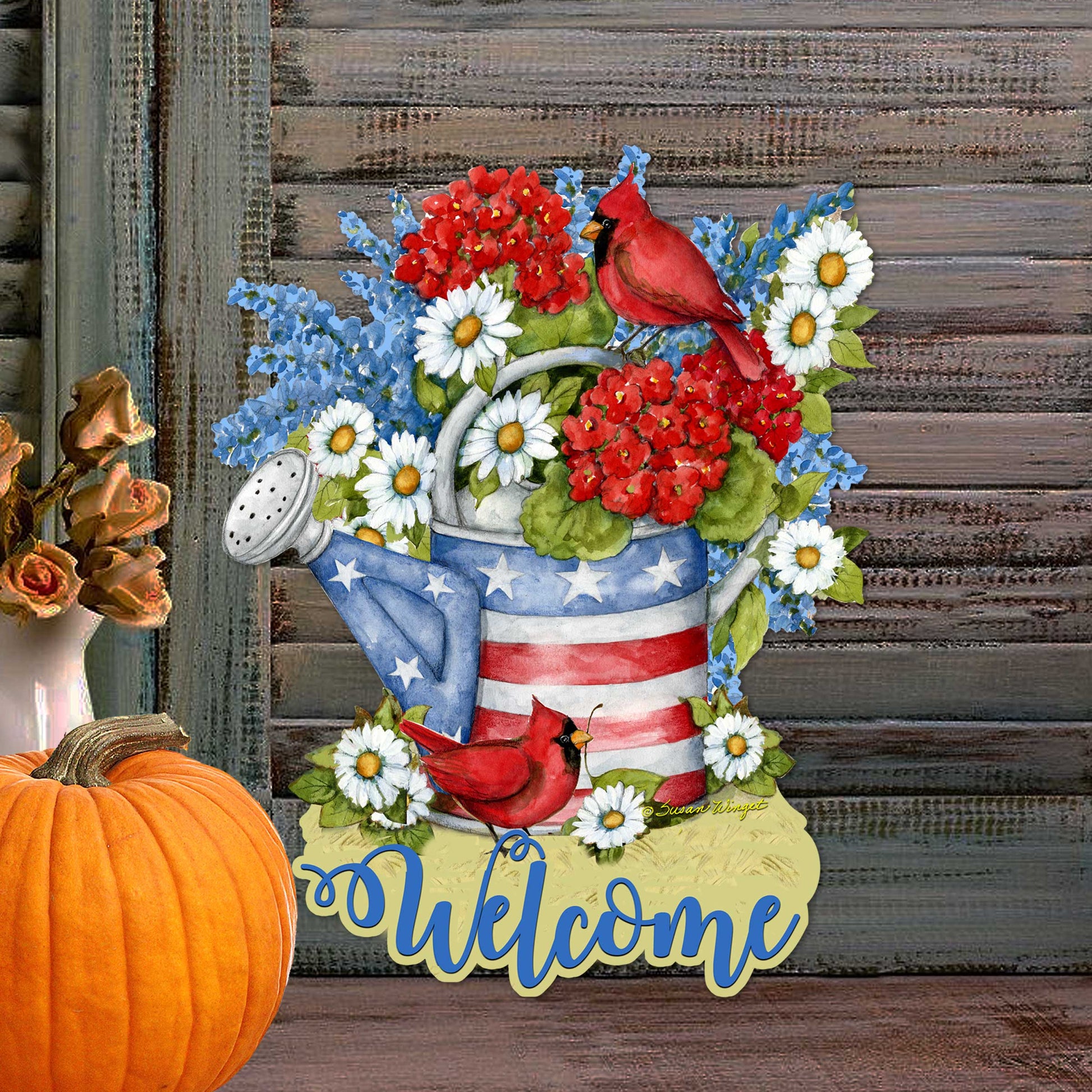 Front Door Patriotic Decoration American Watering Can Flowerpot Welcome Sign - Handmade Gift Rustic Adornment by Susan Winget - Wooden Front Porch Decor - 8471212H-SW-2