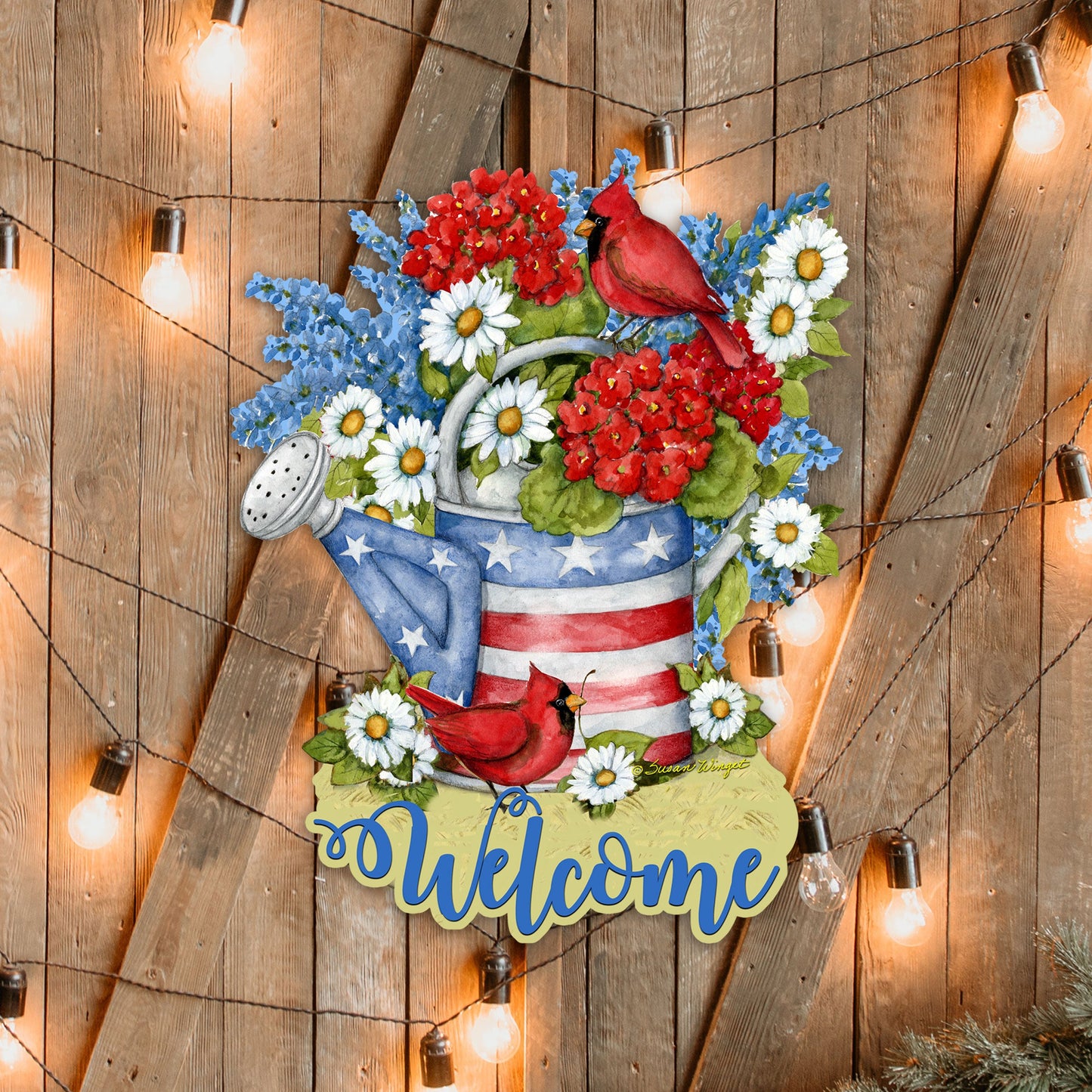 Front Door Patriotic Decoration American Watering Can Flowerpot Welcome Sign - Handmade Gift Rustic Adornment by Susan Winget - Wooden Front Porch Decor - 8471212H-SW-3