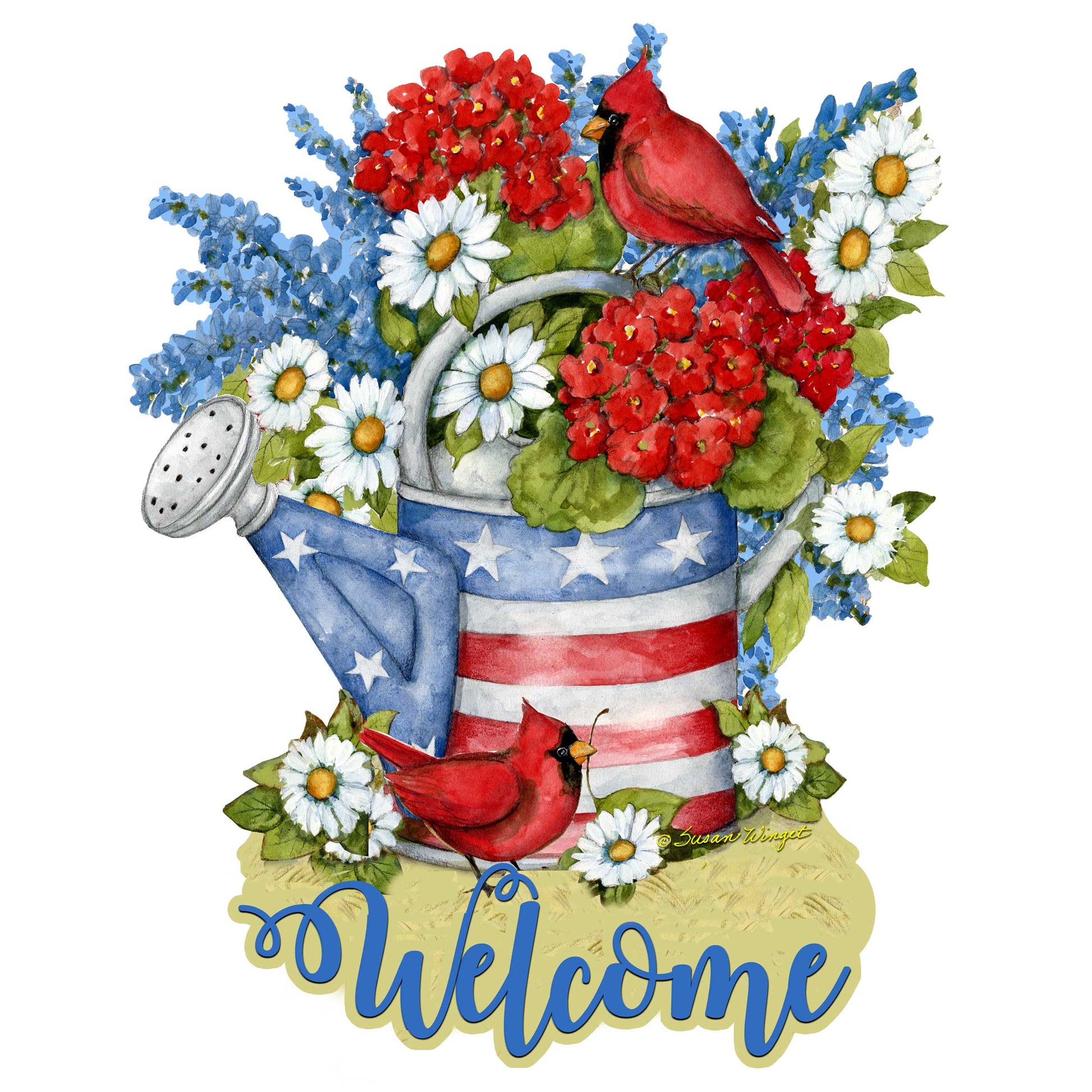 Front Door Patriotic Decoration American Watering Can Flowerpot Welcome Sign - Handmade Gift Rustic Adornment by Susan Winget - Wooden Front Porch Decor - 8471212H-SW-4