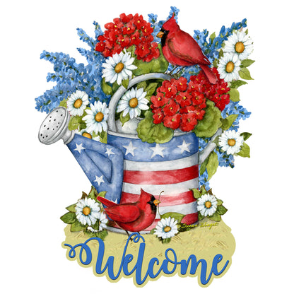 Front Door Patriotic Decoration American Watering Can Flowerpot Welcome Sign - Handmade Gift Rustic Adornment by Susan Winget - Wooden Front Porch Decor - 8471212H-SW-4