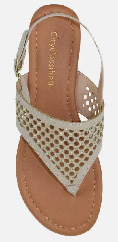 Classified Women Flat Sandals Ankle Strap Thongs Cut out Beige Nude TAKEME 7.5-0