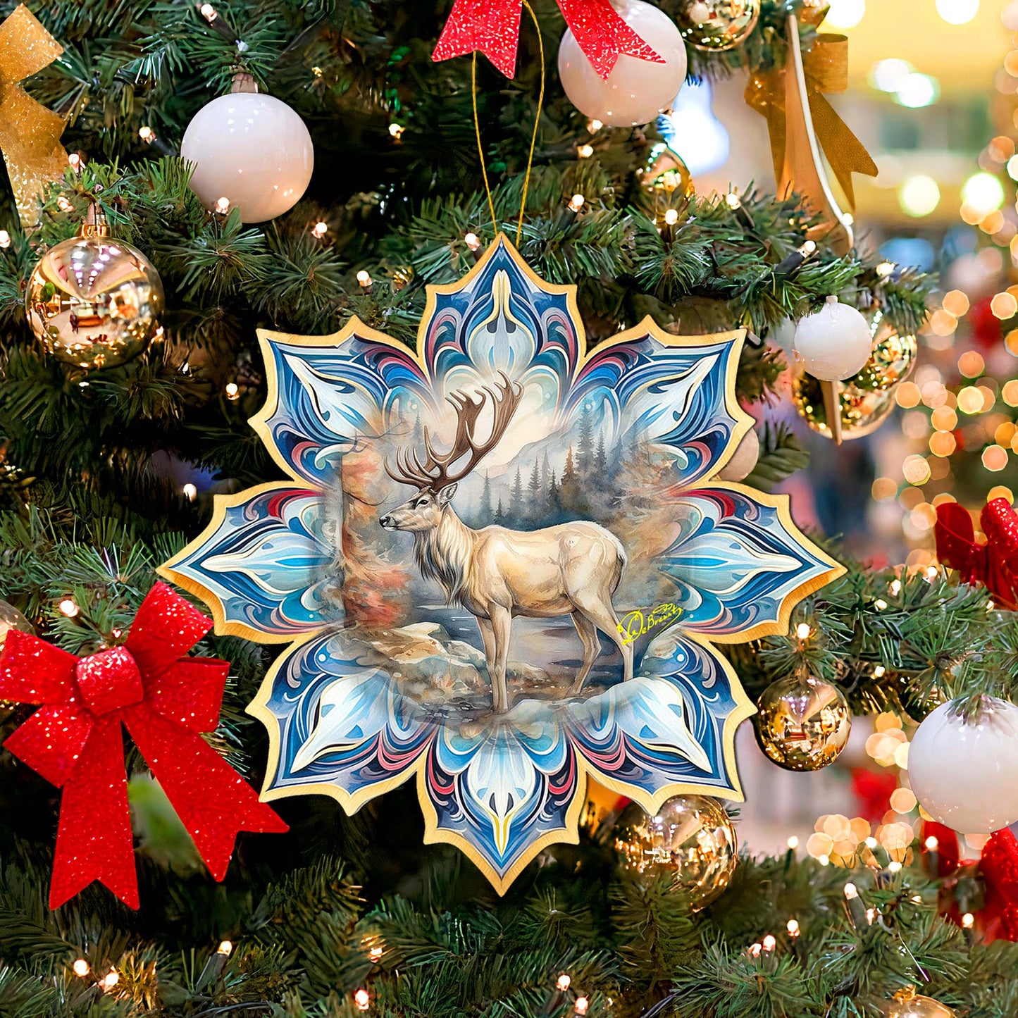 Reindeer Snowflake Large Wooden Ornament by G. Debrekht - Nature Wildlife Decor - 8688415M-1