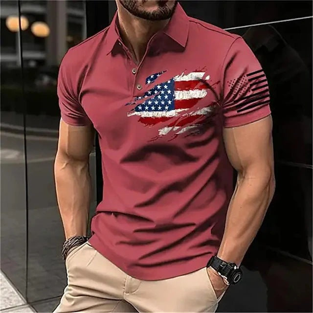 Men's Casual Flag Printed Lapel Short Sleeve