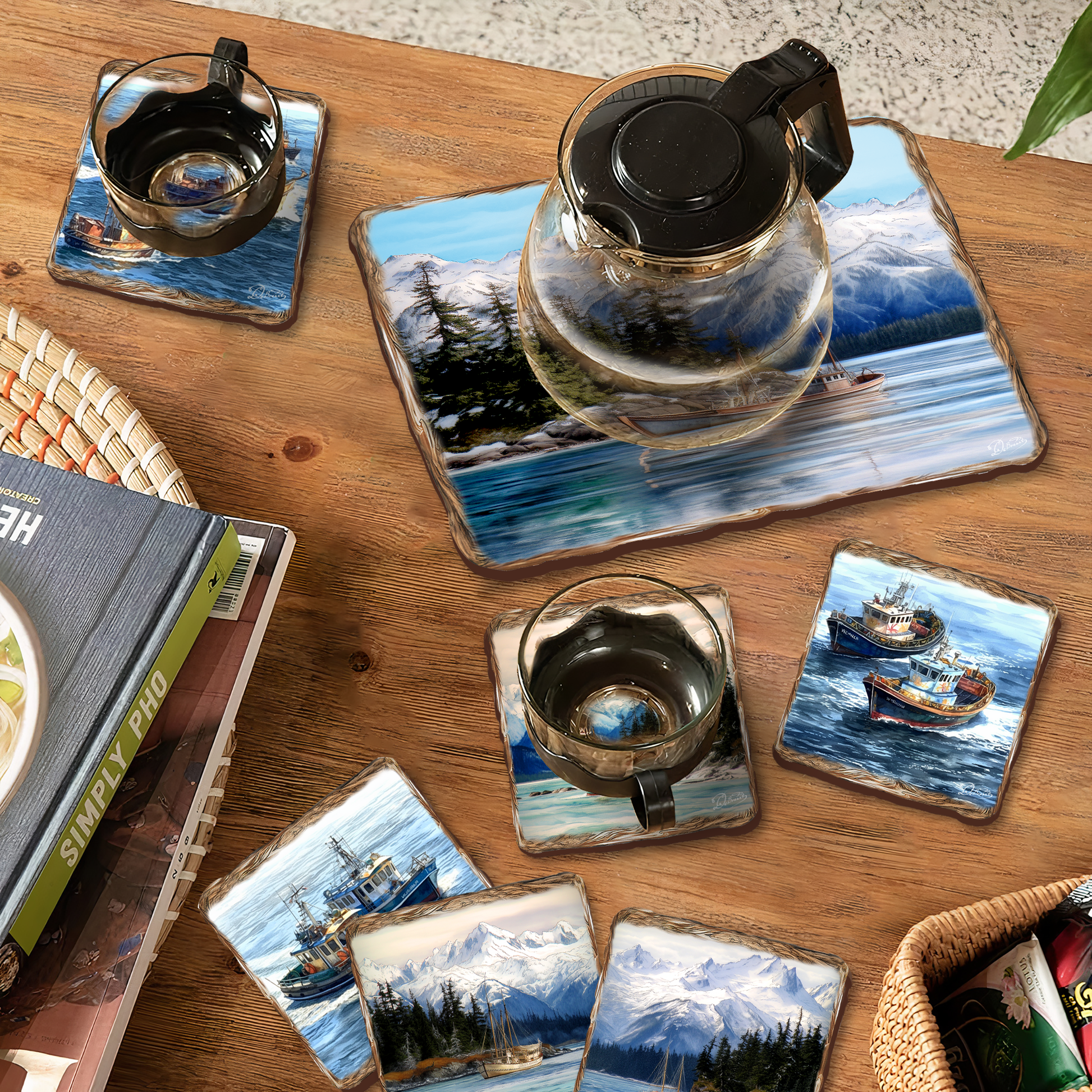 Fishing Boats Wooden Cork Placemat and Coasters Gift Set of 7 by Nature Wonders Coastal Wildlife Decor  - 85405C-S7-2