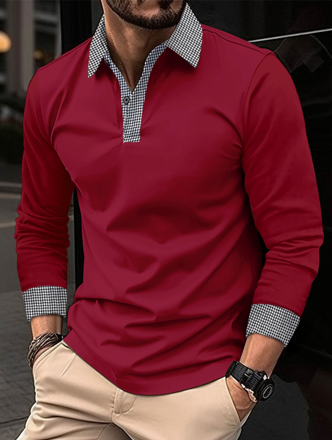 Men's Long-sleeved Polo Shirt Printing Color Contrast Casual