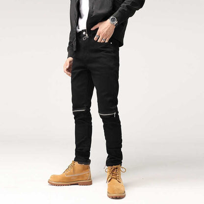 Men's Slim-fit Knee Zipper Ripped Jeans