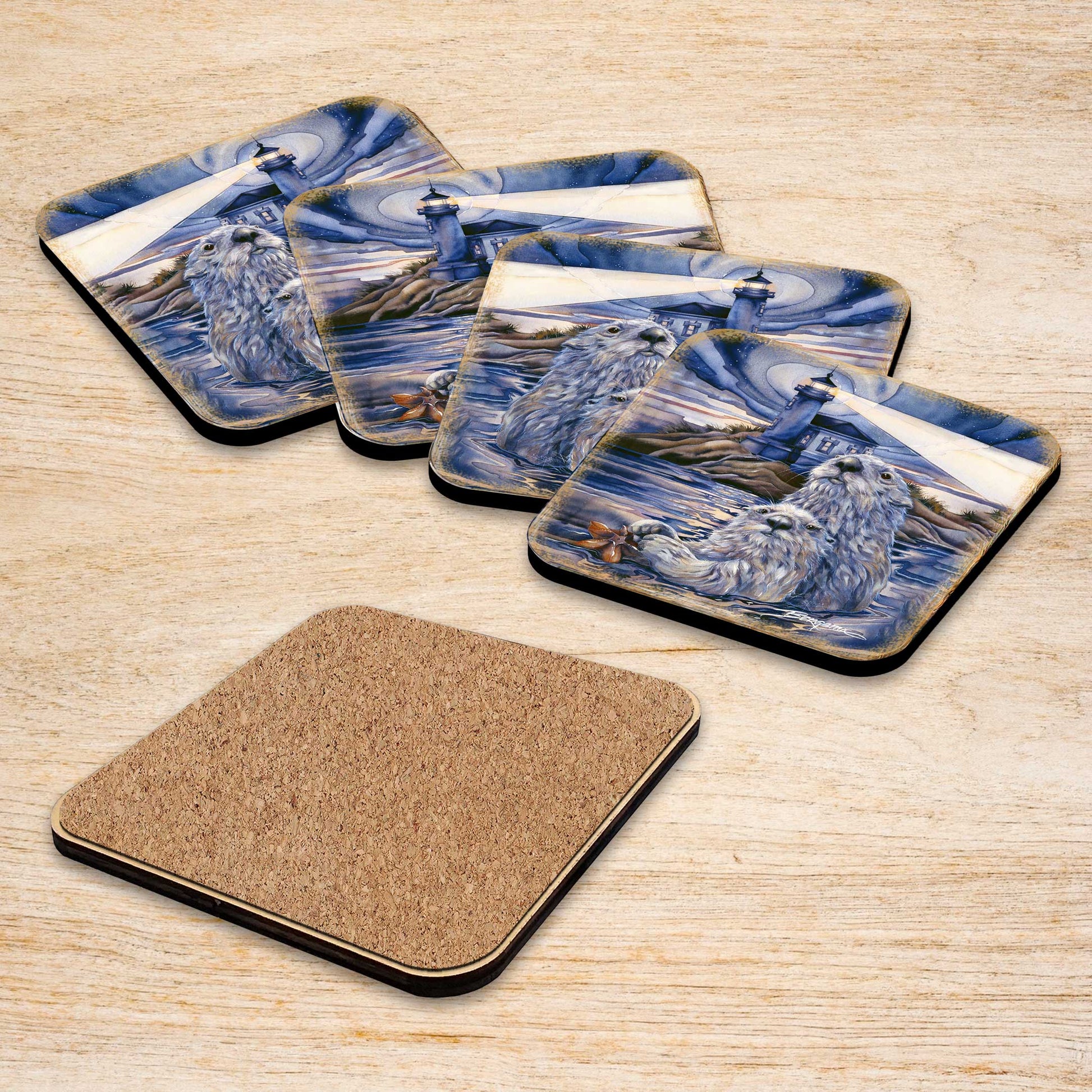 Starlight Otters Wooden Cork Coasters Gift Set of 4 by J. Bergsma - Wildlife Decor  - 8199473C-S4-3