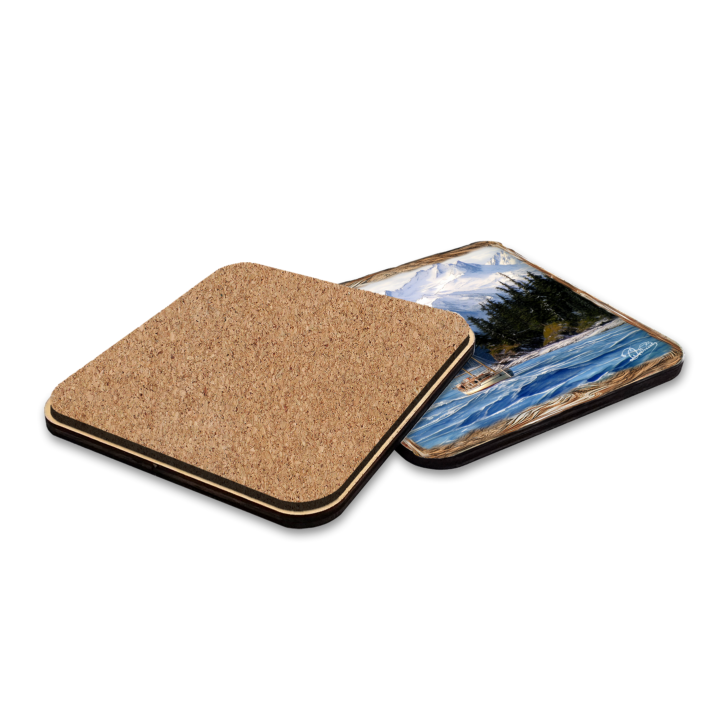 Fishing Boats Wooden Cork Placemat and Coasters Gift Set of 7 by Nature Wonders Coastal Wildlife Decor  - 85405C-S7-3