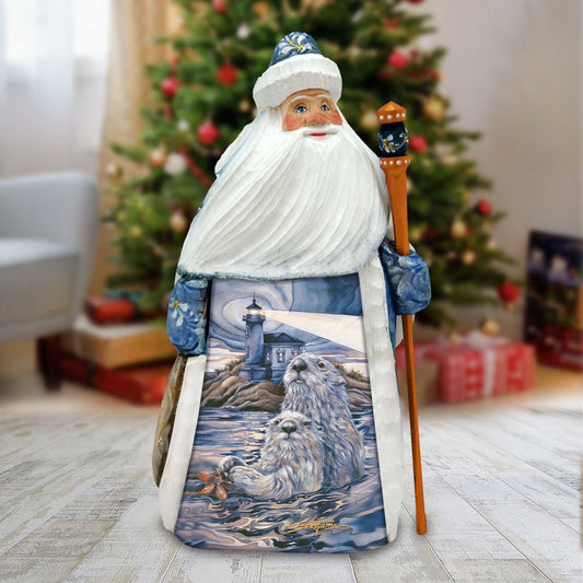 Starlight Otter Lighthouse Hand-Painted WOODCARVED Figurine by J. Bergsma - Wildlife Holiday Decor - 2422572-JB-0