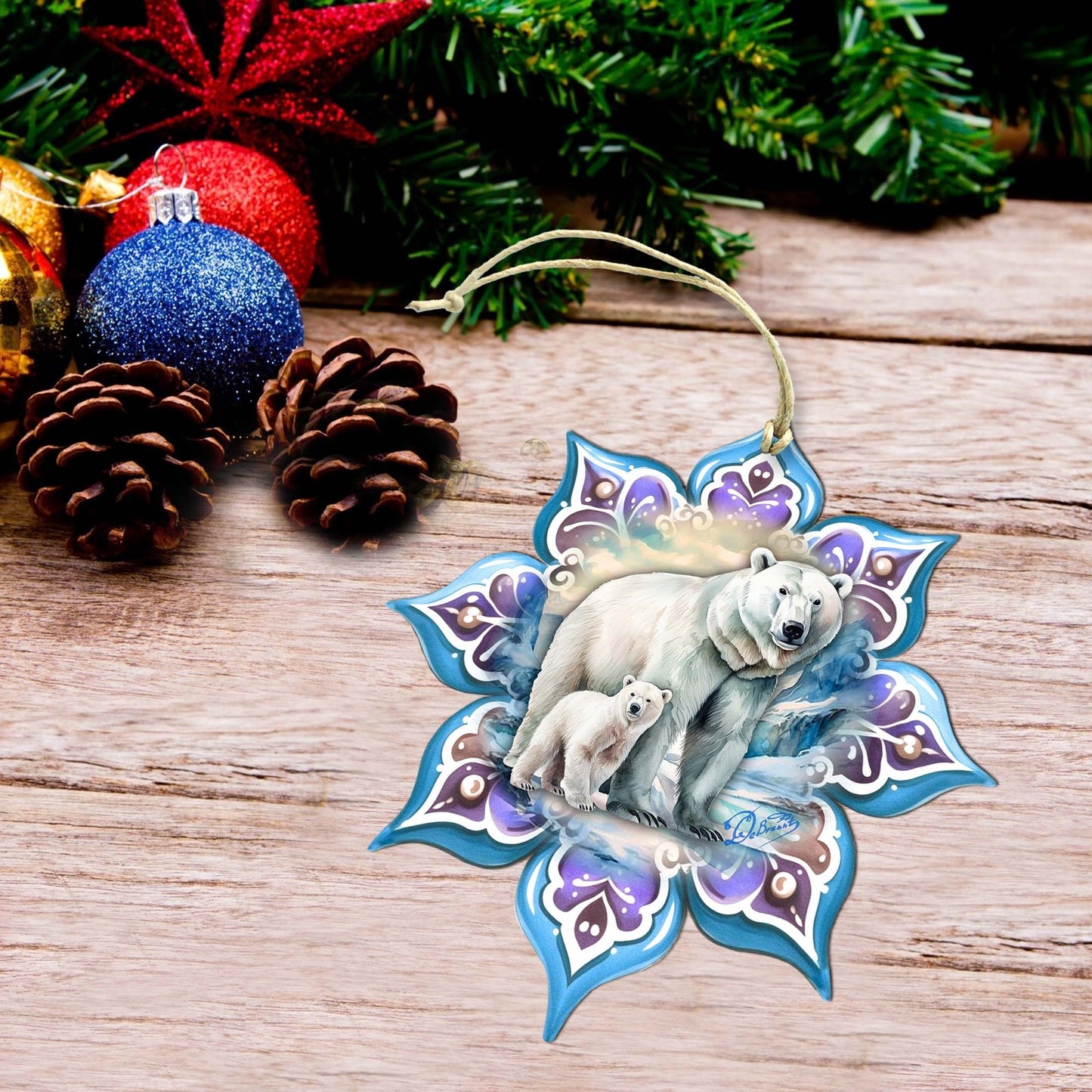 Polar Bear Snowflake Large Wooden Ornament by G. Debrekht - Nature Wildlife Decor - 8688408M-2