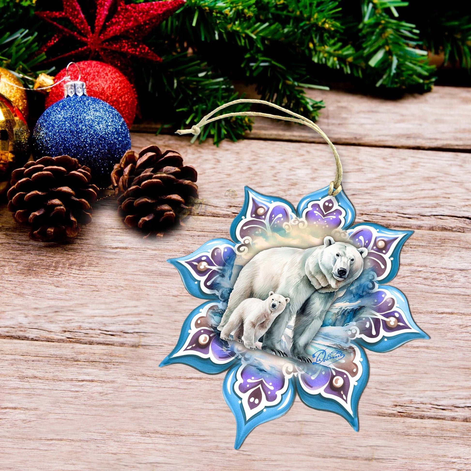 Polar Bear Snowflake Large Wooden Ornament by G. Debrekht - Nature Wildlife Decor - 8688408M-2