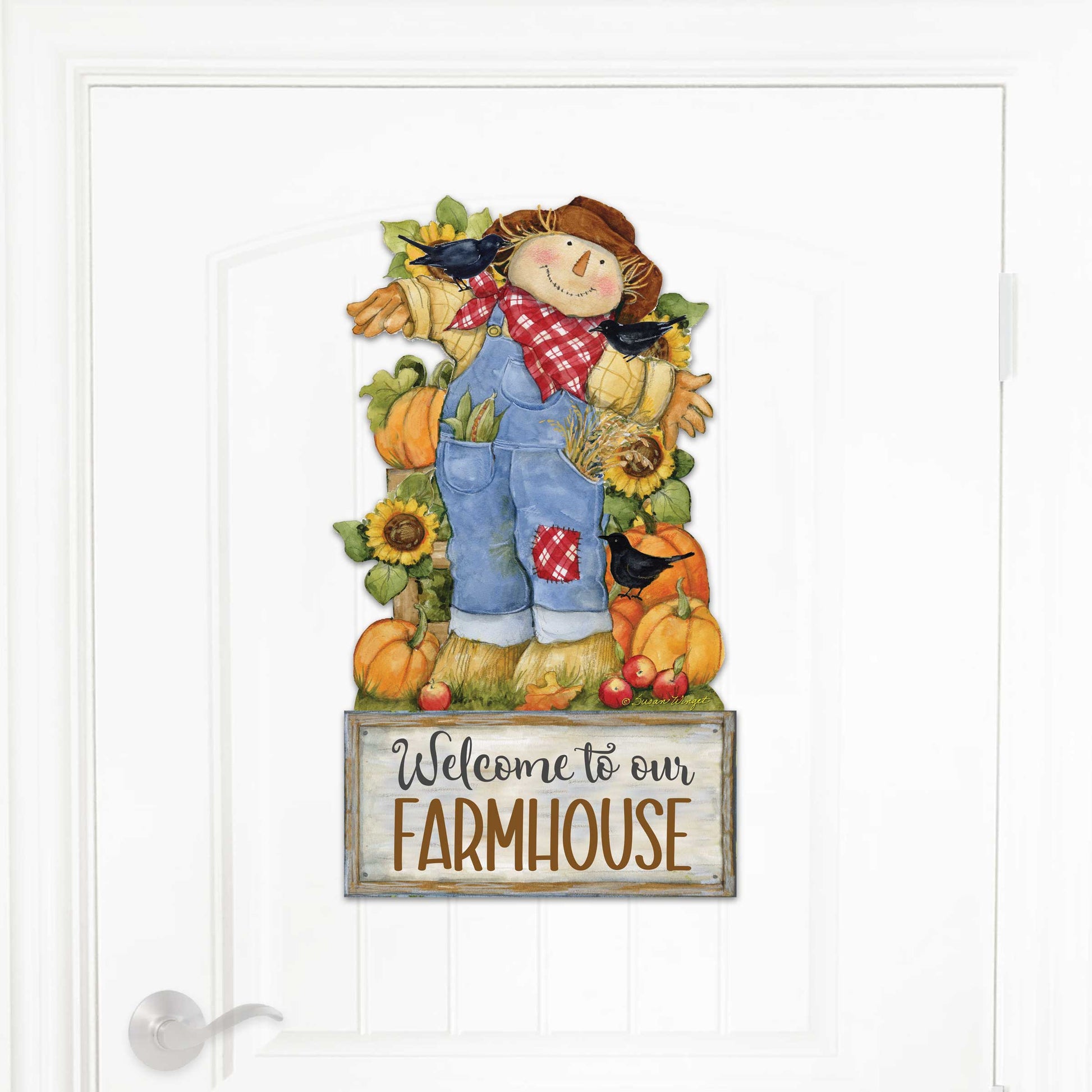 Farmhouse Door Hanger Fall Decoration Harvest Scarecrow Welcome Sign - Handmade Gift Autumn Adornment by Susan Winget - 8471211-2H-SW-1