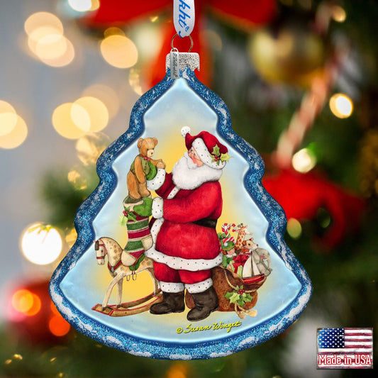 Santas Workshop Glass Ornament by Susan Winget - Christmas Santa and Snowman Decor - 762-203-SW-0