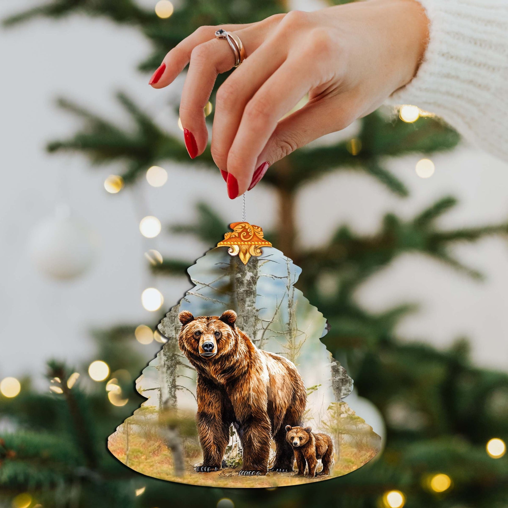Forest Grizzly Bond Tree Wooden Ornaments by G.Debrekht - Wildlife Holiday Decor - 870010-3