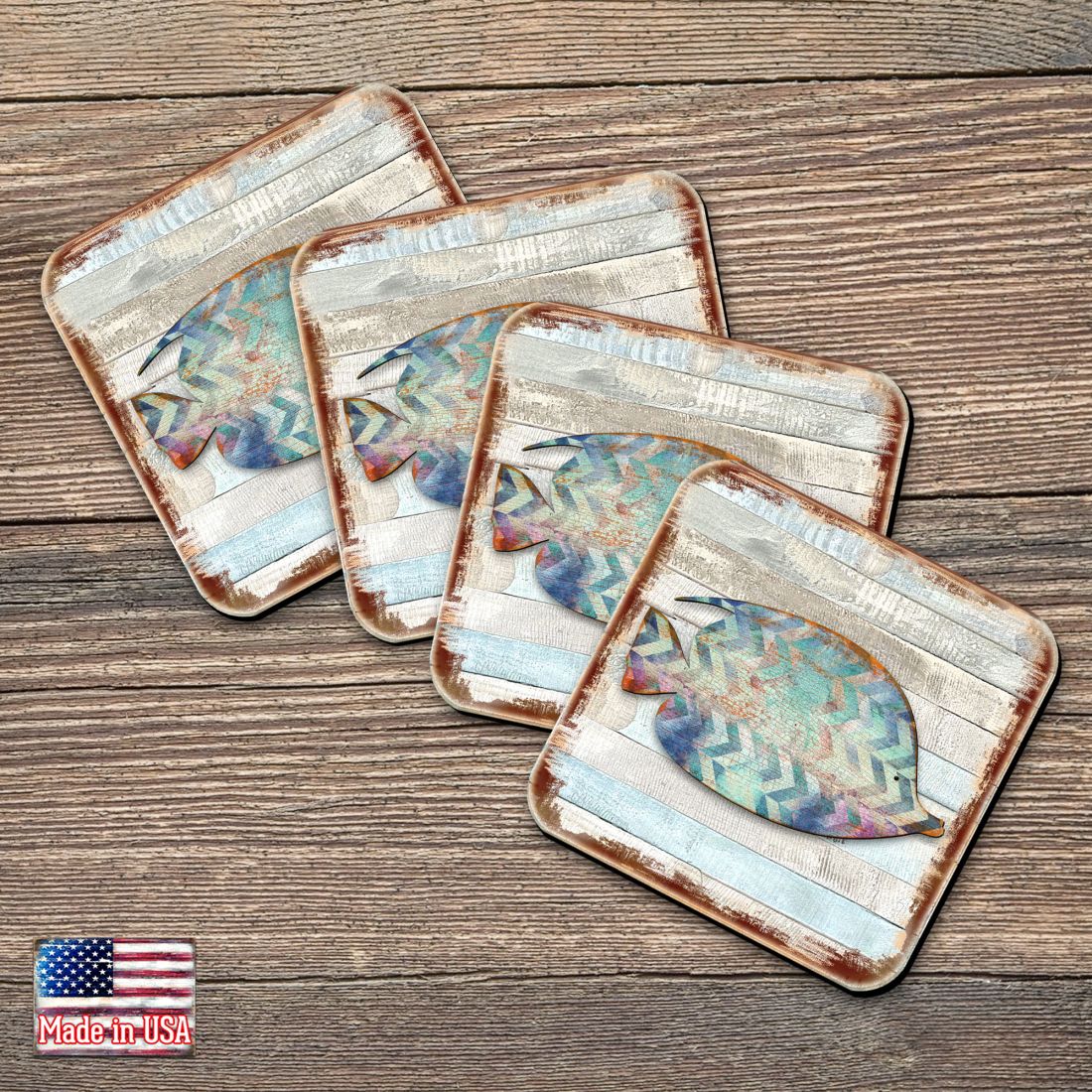 Tropical Fish Coastal Wooden Cork Coasters Gift Set of 4 by Nature Wonders - Coastal Sea-Life Decor - 8198527-2-9C-S4-1
