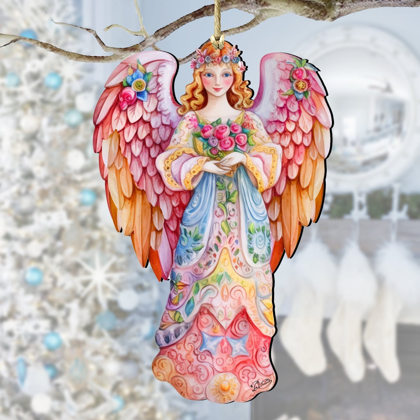 Pink Floral Angel Wooden Ornaments by G. DeBrekht Nativity Holiday Decor - 8611023-0