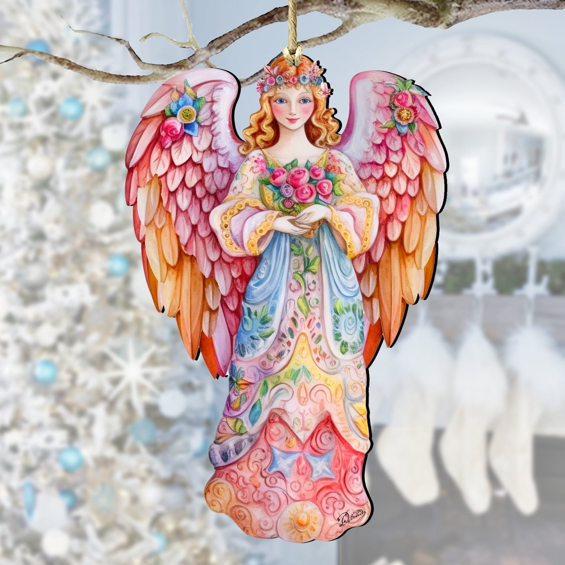 Pink Floral Angel Wooden Ornaments by G. DeBrekht Nativity Holiday Decor - 8611023-0