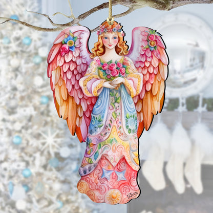 Pink Floral Angel Wooden Ornaments by G. DeBrekht Nativity Holiday Decor - 8611023-0