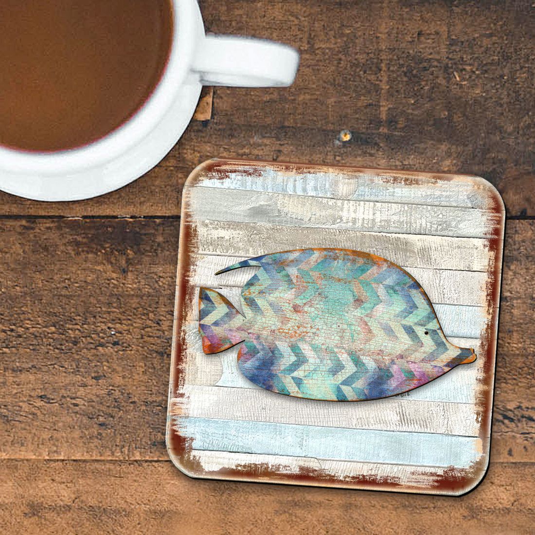 Tropical Fish Coastal Wooden Cork Coasters Gift Set of 4 by Nature Wonders - Coastal Sea-Life Decor - 8198527-2-9C-S4-2