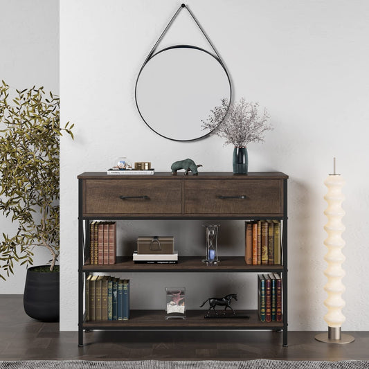 Vintage Industrial Sofa Table with Drawers and Shelves-0