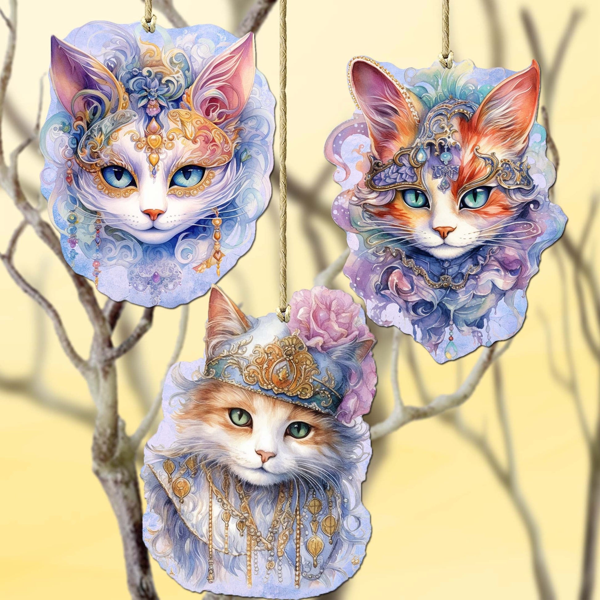 Beautiful Cats Decorative Eco Wood Ornaments Set of 3 by G. Debrekht - Christmas Decor - 8091033-S3-1