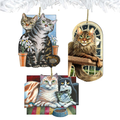 Gazing Cats Wooden Ornaments Set of 3 by Laura Seeley - Pets Dog and Cats Decor - 8100098S3-LS-1