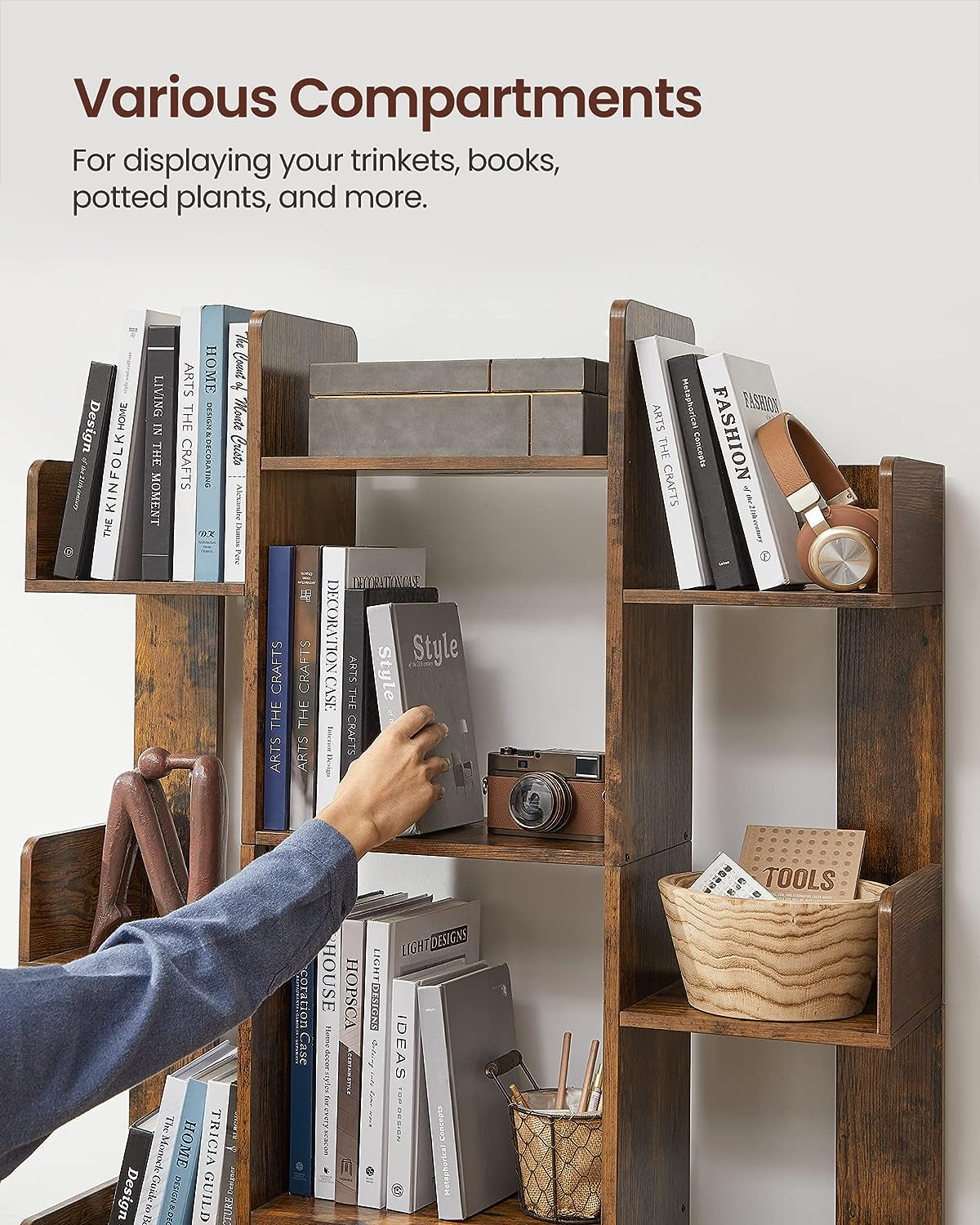 Bookshelf, Tree-Shaped Bookcase with 13 Storage Shelves, Rounded Corners, 9.8”D X 33.9”W X 55.1”H, Rustic Brown ULBC67BXV1-4