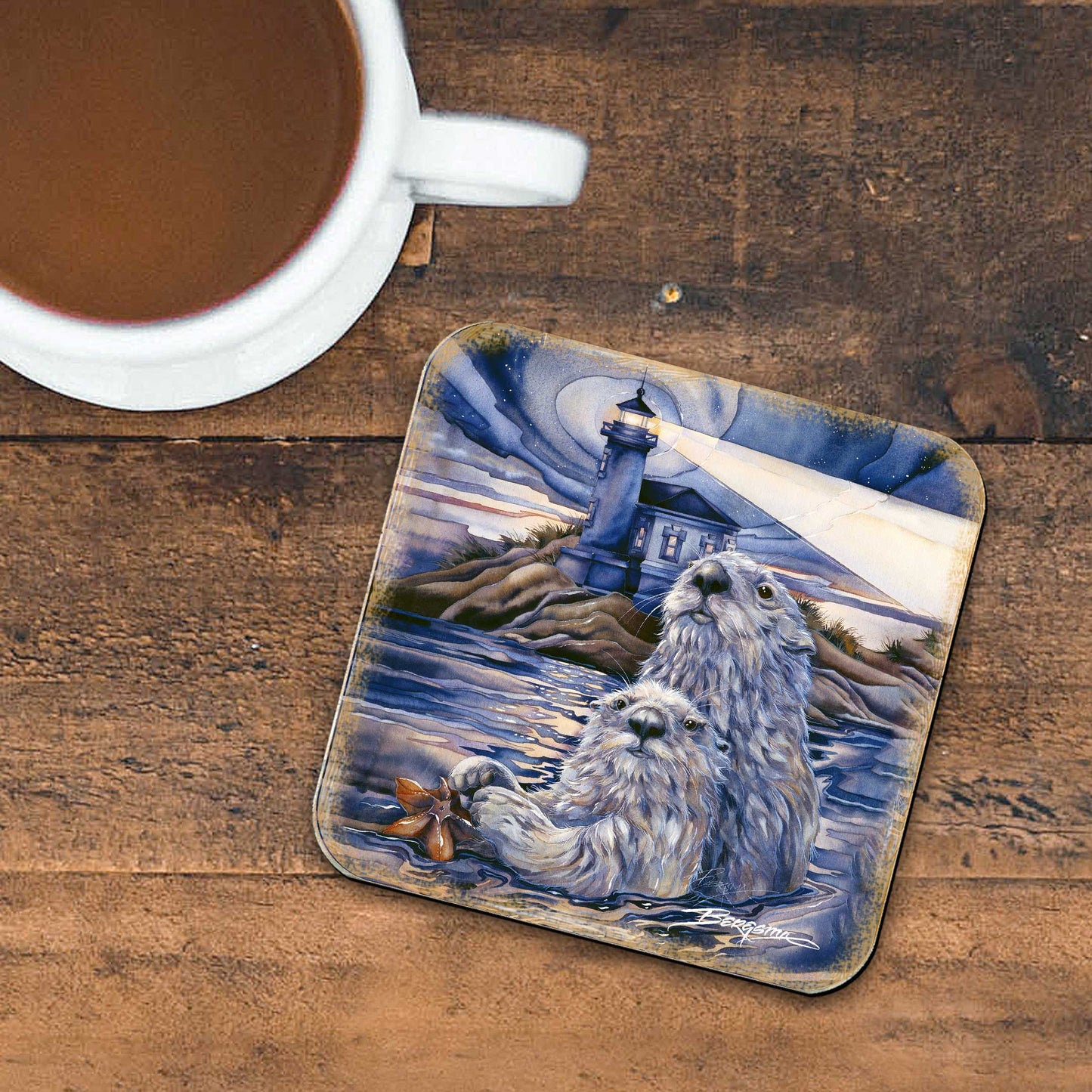 Starlight Otters Wooden Cork Coasters Gift Set of 4 by J. Bergsma - Wildlife Decor  - 8199473C-S4-1