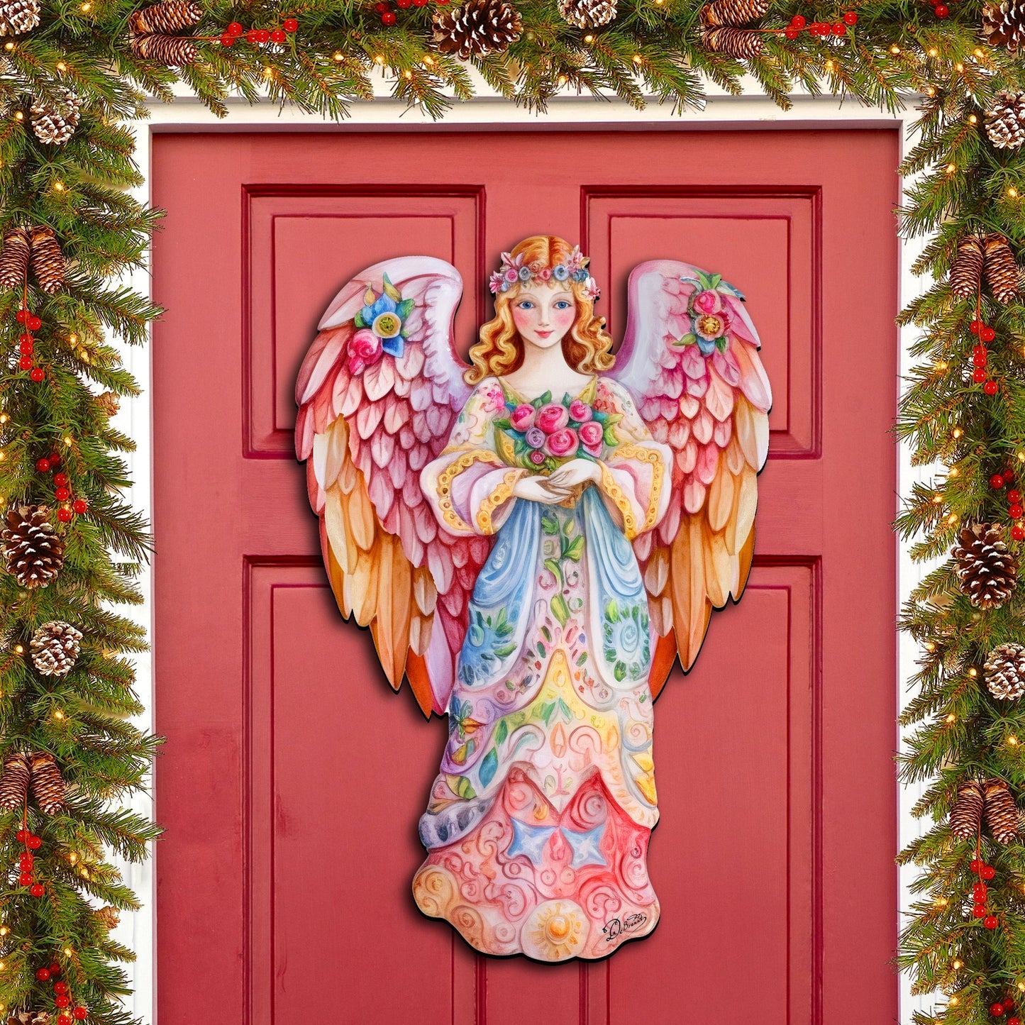 Pink Floral Angel Holiday Door Decor  by G. Debrekht - Christmas Decor - 8611023H-1