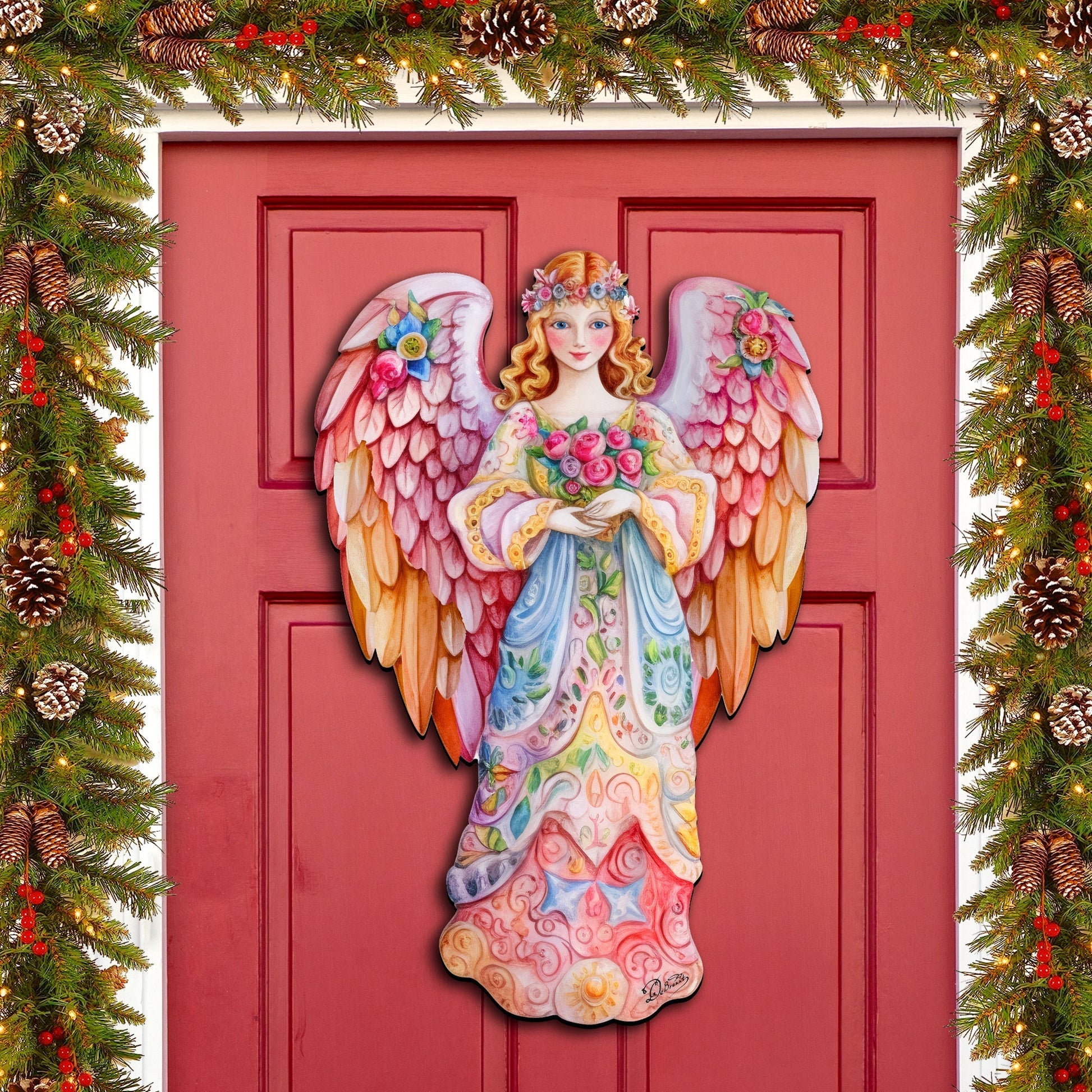 Pink Floral Angel Holiday Door Decor  by G. Debrekht - Christmas Decor - 8611023H-1