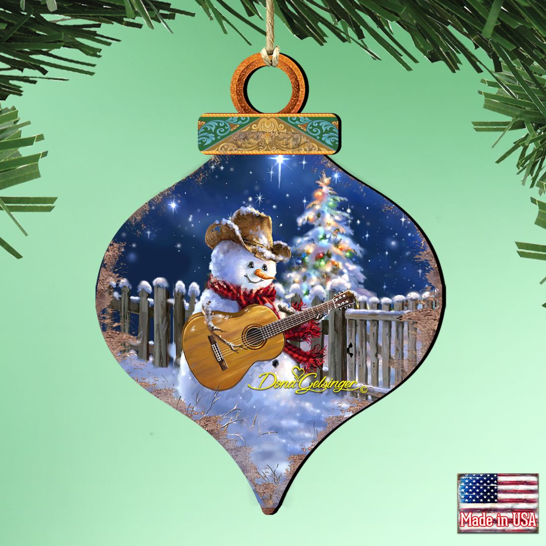 Guitar Player Snowman Wooden Ornaments of 2 by Gelsinger - Christmas Santa Snowman Decor - 8031120-1531-1