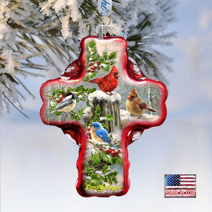 Winter Cardinals Cross Glass Ornament by D. Gelsinger - Nativity Holiday Decor - 758-010-DG-1