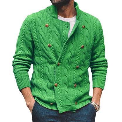 Men's Pure Color Half Collar Double-Breasted Knitted Sweater Coat