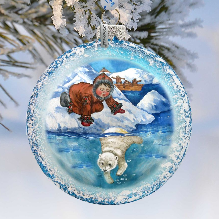 Alaska Boy Polar Bear Glass Ornament by G. DeBrekht - Wildlife Holiday Decor - 744-035-0