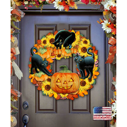 Halloween Cats Holiday Door Wreath by Laura Seeley - Thanksgiving Halloween Decor - 8185305-4H-SL-0
