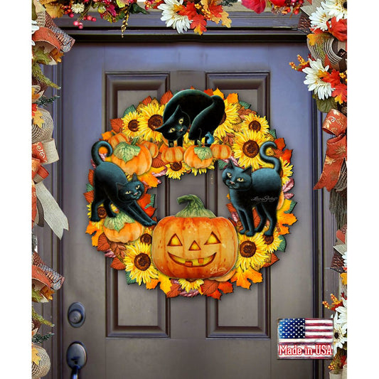 Halloween Cats Holiday Door Wreath by Laura Seeley - Thanksgiving Halloween Decor - 8185305-4H-SL-0