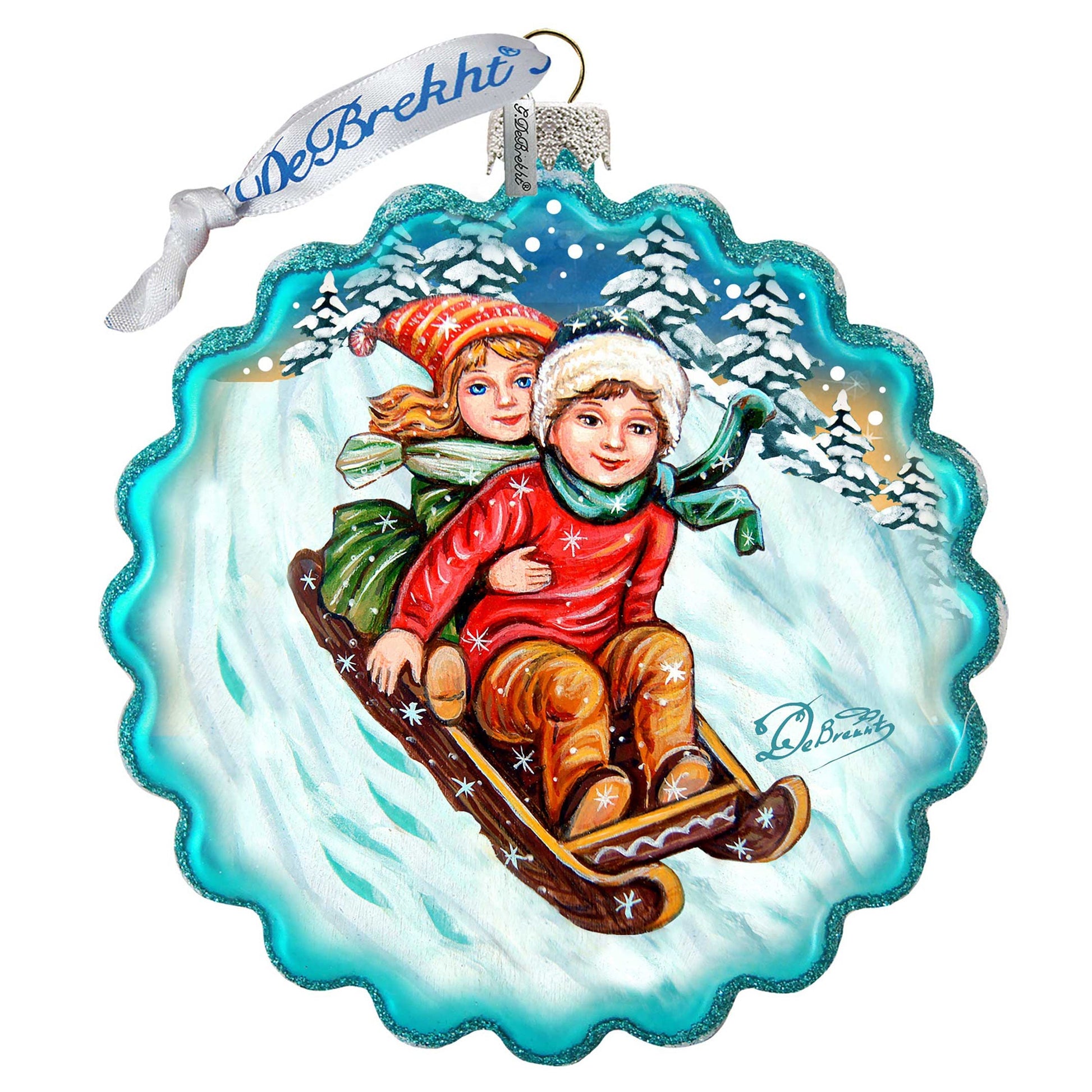 Kids Happy Sledging Wreath Glass Ornament by G. DeBrekht - Christmas Decor - 759-045-4