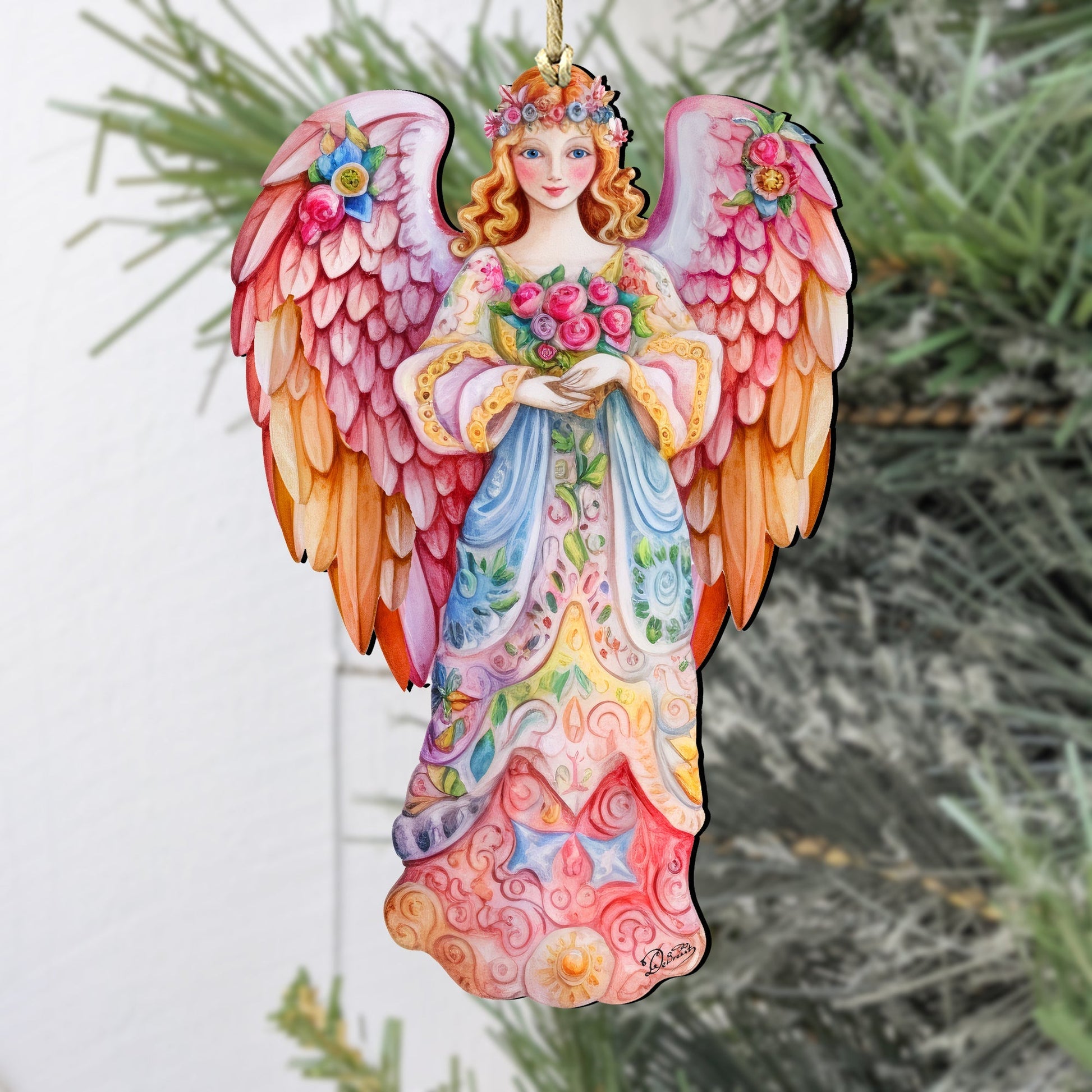 Pink Floral Angel Wooden Ornaments by G. DeBrekht Nativity Holiday Decor - 8611023-1