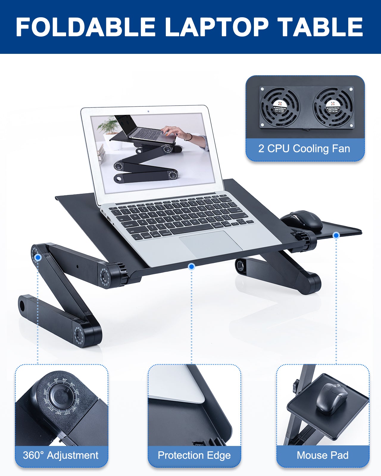 Adjustable Aluminum Lap Workstation with 2 CPU Cooling USB Fans and Mouse Pad