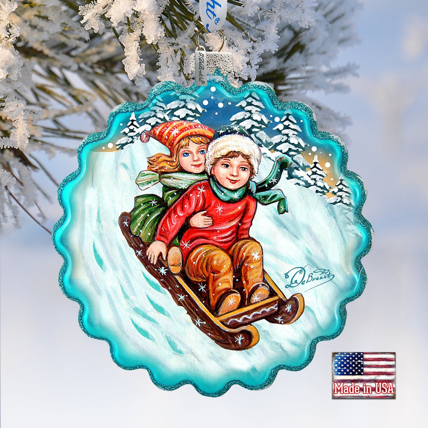 Kids Happy Sledging Wreath Glass Ornament by G. DeBrekht - Christmas Decor - 759-045-0