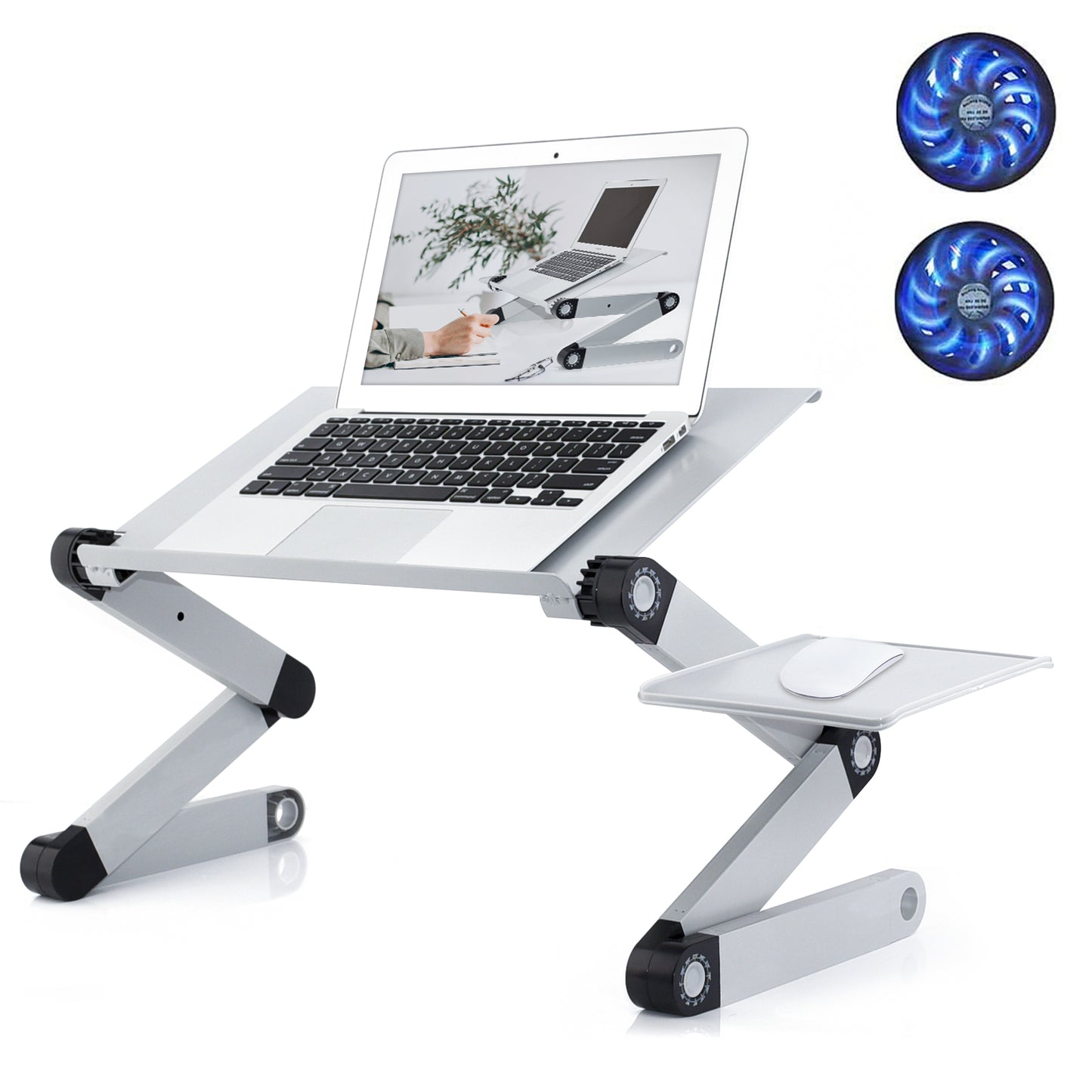 Adjustable Aluminum Lap Workstation with 2 CPU Cooling USB Fans and Mouse Pad