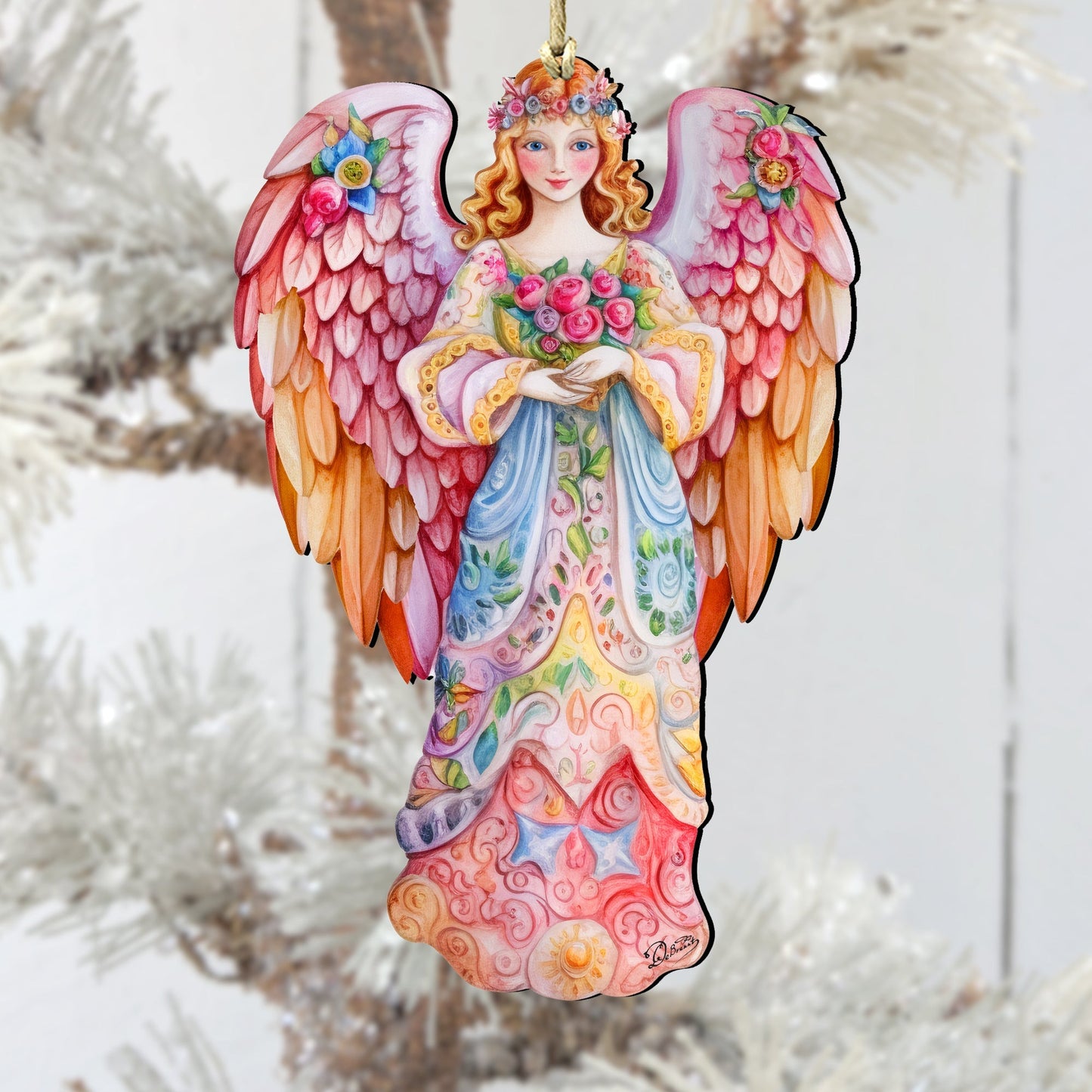 Pink Floral Angel Wooden Ornaments by G. DeBrekht Nativity Holiday Decor - 8611023-2