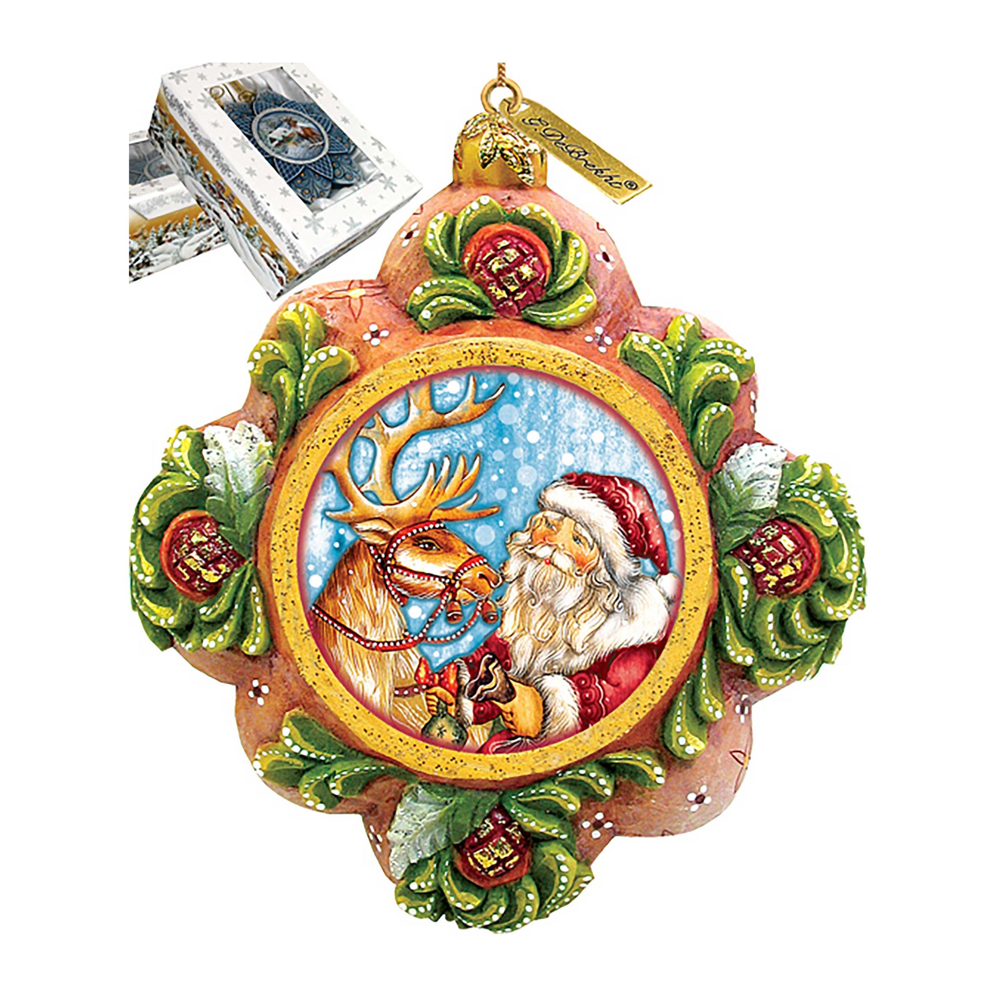 Santa with Reindeer Sculpted Hand-Painted Christmas Ornament by G. DeBrekht - Christmas Santa Snowman Decor - 6102542-2