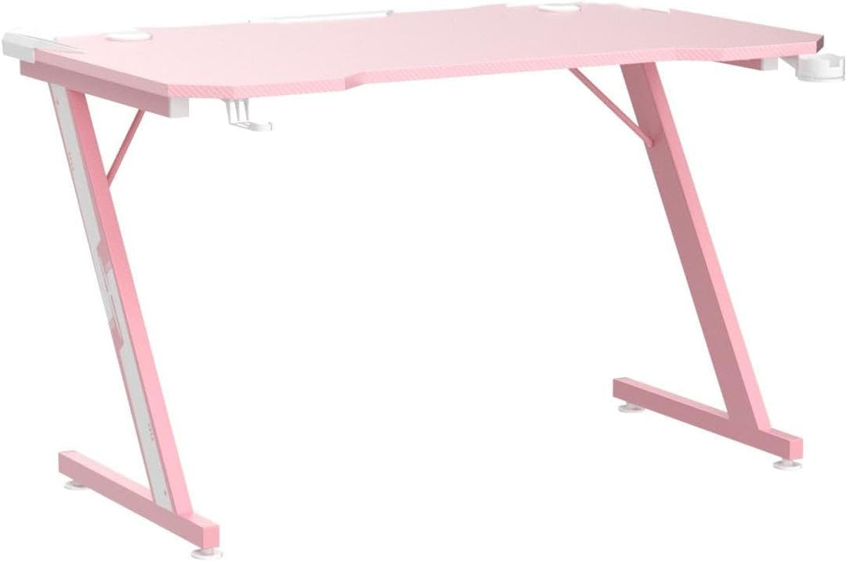 Gaming Computer Desk with Carbon Fiber Surface, Gaming Table Z Shaped Pc Home Office with Cup Holder&Headphone Hook(44 In, Pink)-4